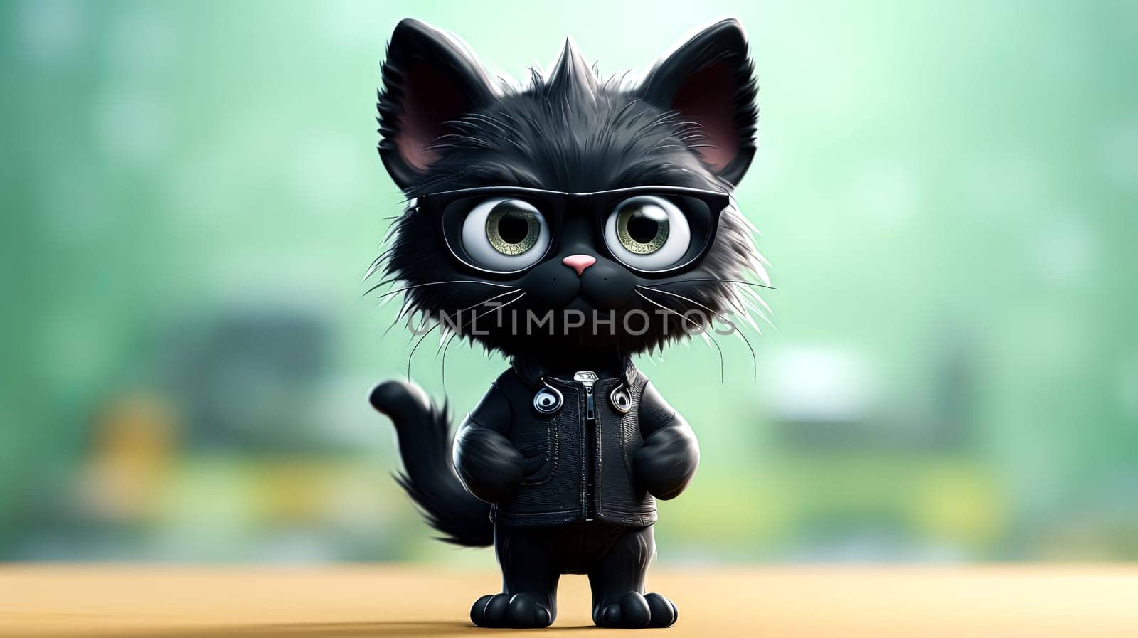 A cartoon cat wearing a leather jacket and glasses stands in front of a yellow background. The cat's outfit gives it a cool and stylish appearance