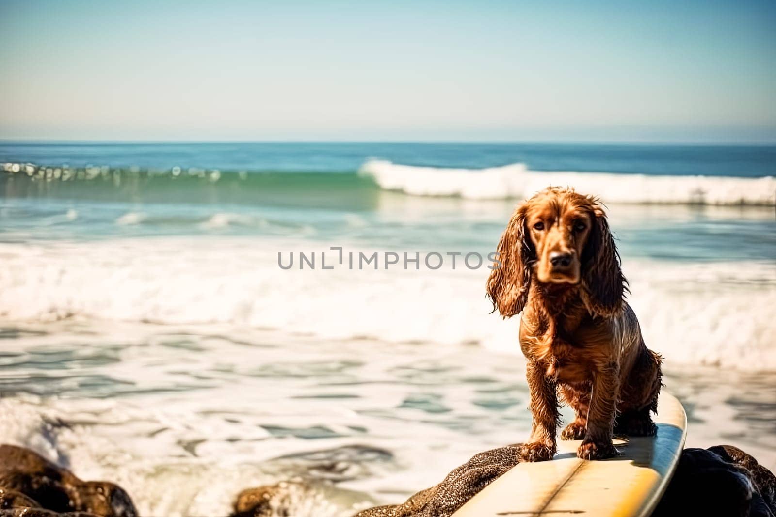 A dog is surfing on a surfboard in the ocean. The dog is wearing a pink shirt and he is enjoying the ride