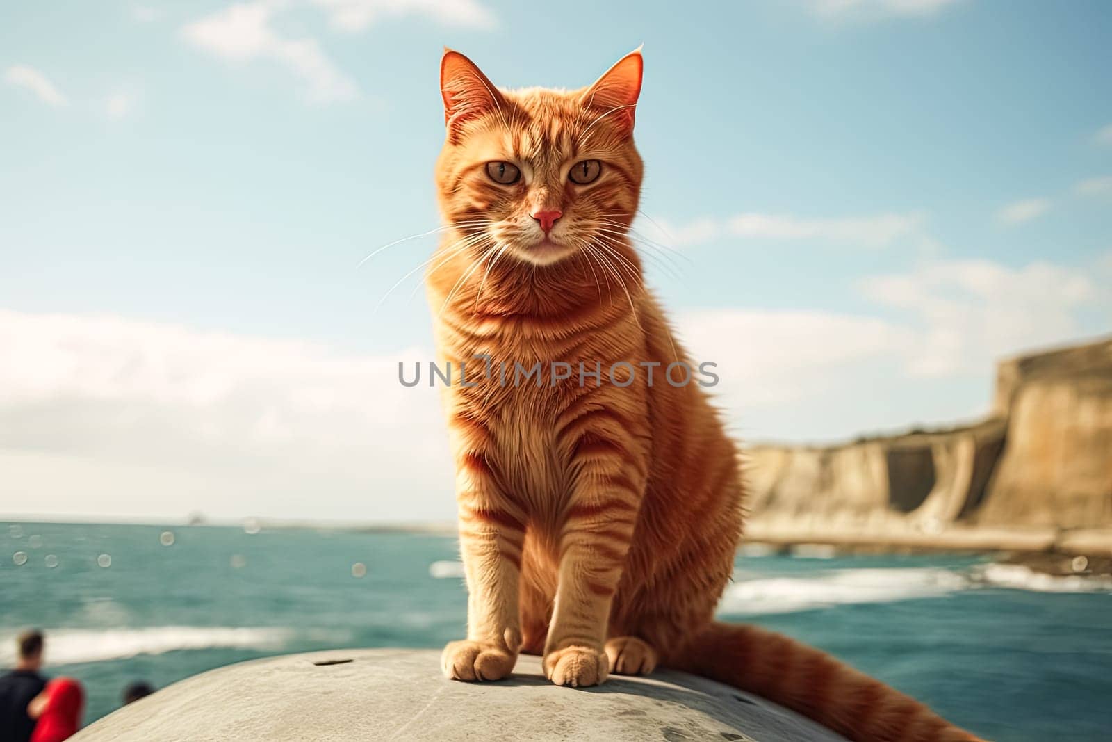 A cat is sitting on a rocky cliff overlooking the ocean. The scene is peaceful and serene, with the cat looking out over the water