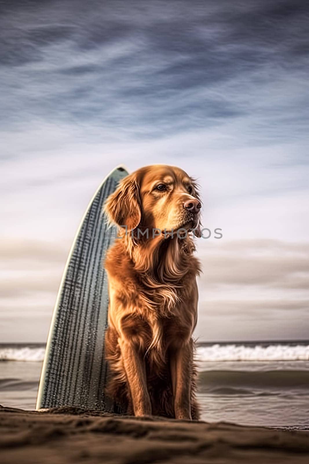 A dog is sitting on a surfboard with a blue collar. The dog is looking at the camera