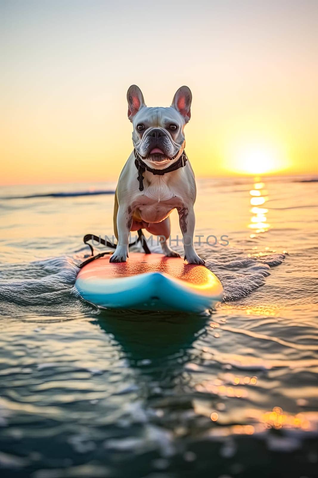 A dog is surfing on a surfboard in the ocean. The dog is wearing a harness and he is enjoying the ride. The image has a playful and fun mood, as it shows a dog engaging in a human activity