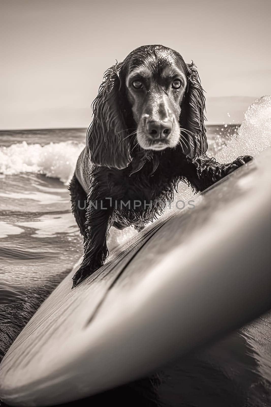 A dog is surfing on a surfboard in the ocean. The dog is wearing a pink shirt and he is enjoying the ride