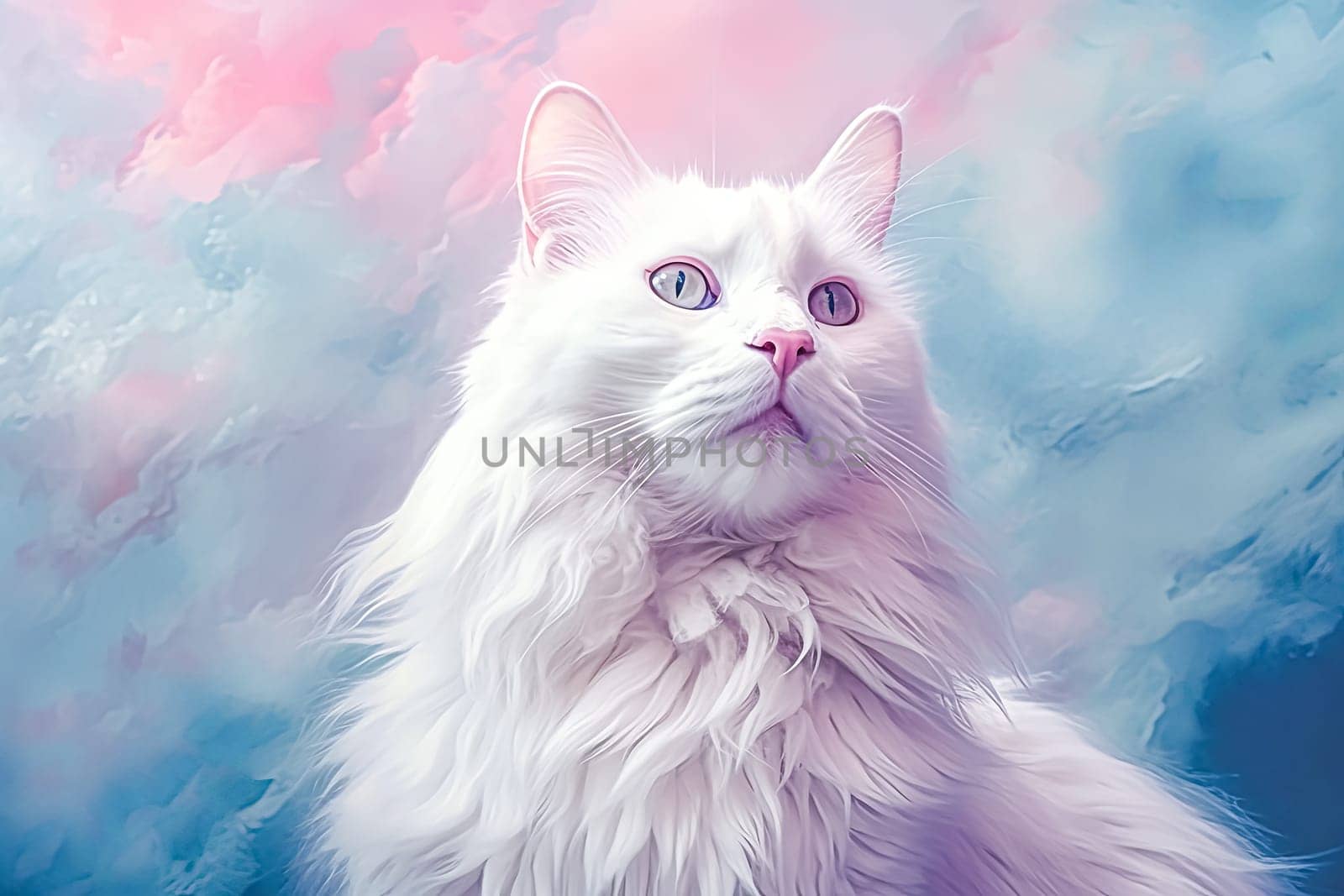 A cat with a green eye is painted in a colorful and vibrant style. The cat's fur is long and fluffy, and it is looking at the camera with a curious expression. Scene is playful and whimsical