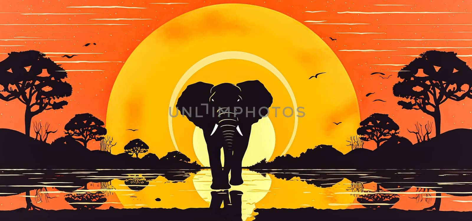 A large elephant is walking across a body of water in front of a large orange sun. The scene is serene and peaceful, with the elephant being the main focus of the image