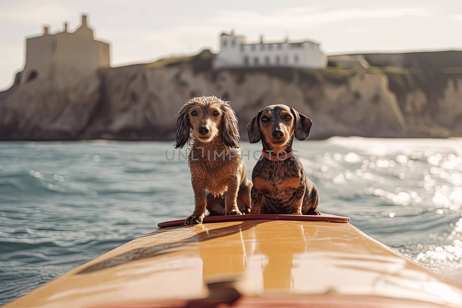 A small dog is standing on a surfboard in the ocean. The dog is wearing a red collar and he is enjoying the water