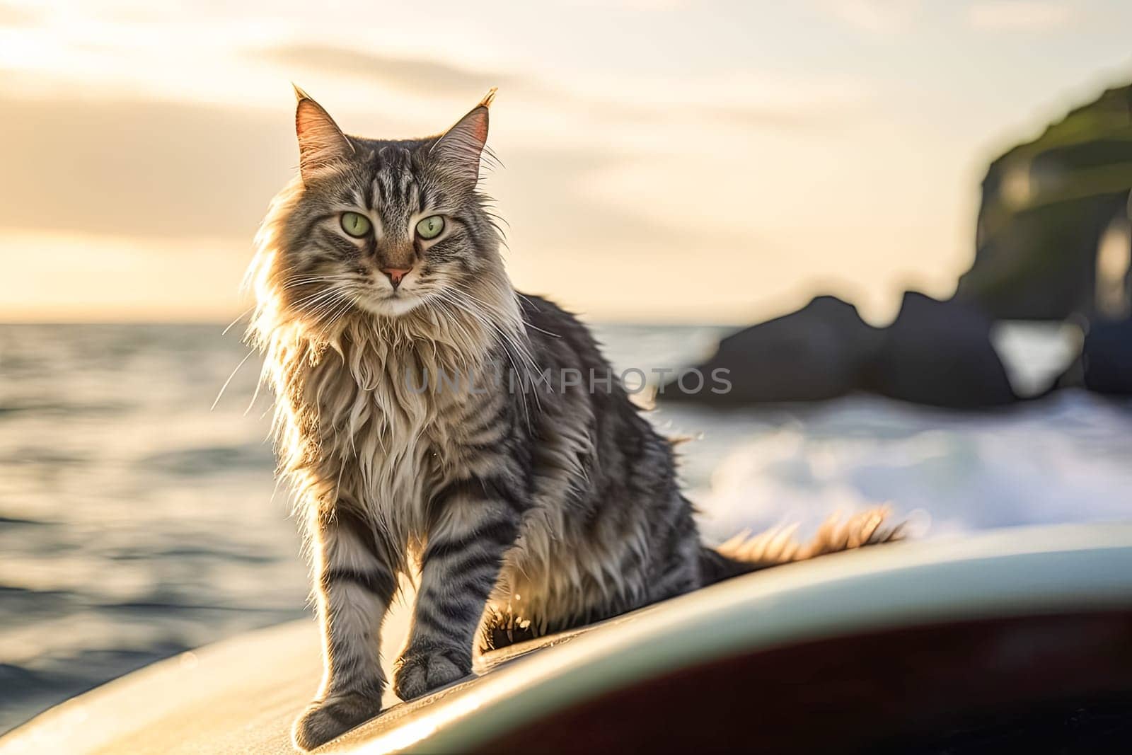 A cat is sitting on a rock near the ocean. by Alla_Morozova93