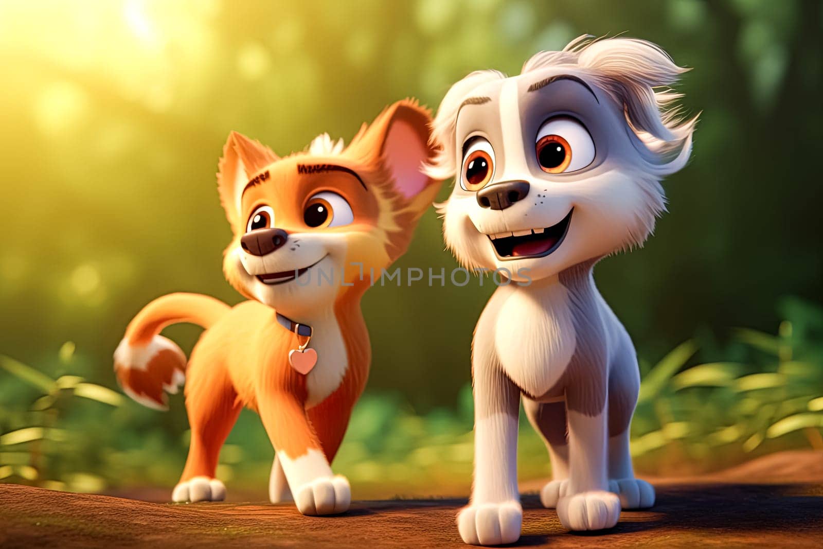 Two cartoon dogs are standing next to each other in a forest by Alla_Morozova93