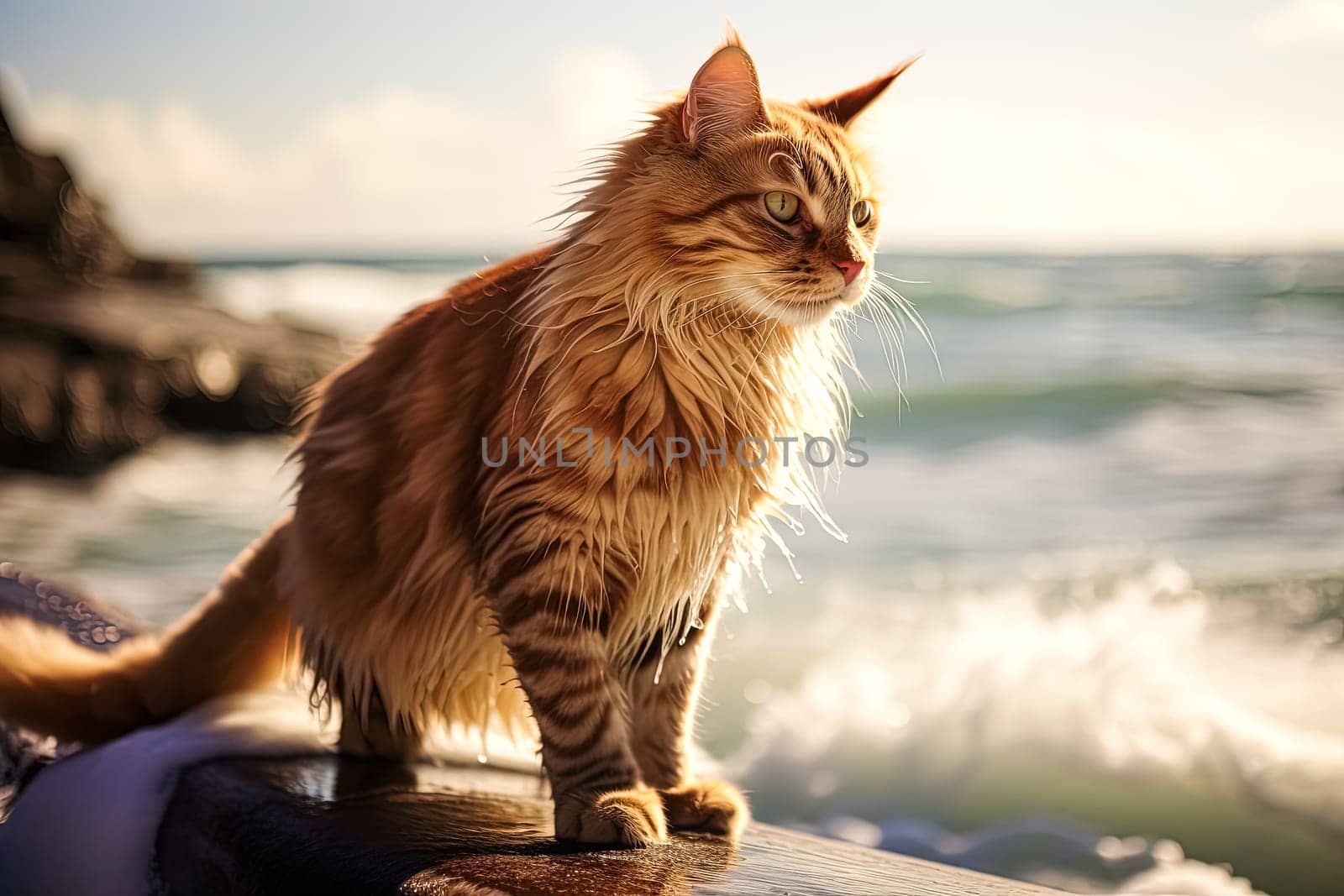 A cat with long fur is sitting on a ledge near the water. The cat appears to be staring off into the distance, possibly watching the waves or just enjoying the view. The scene has a calm