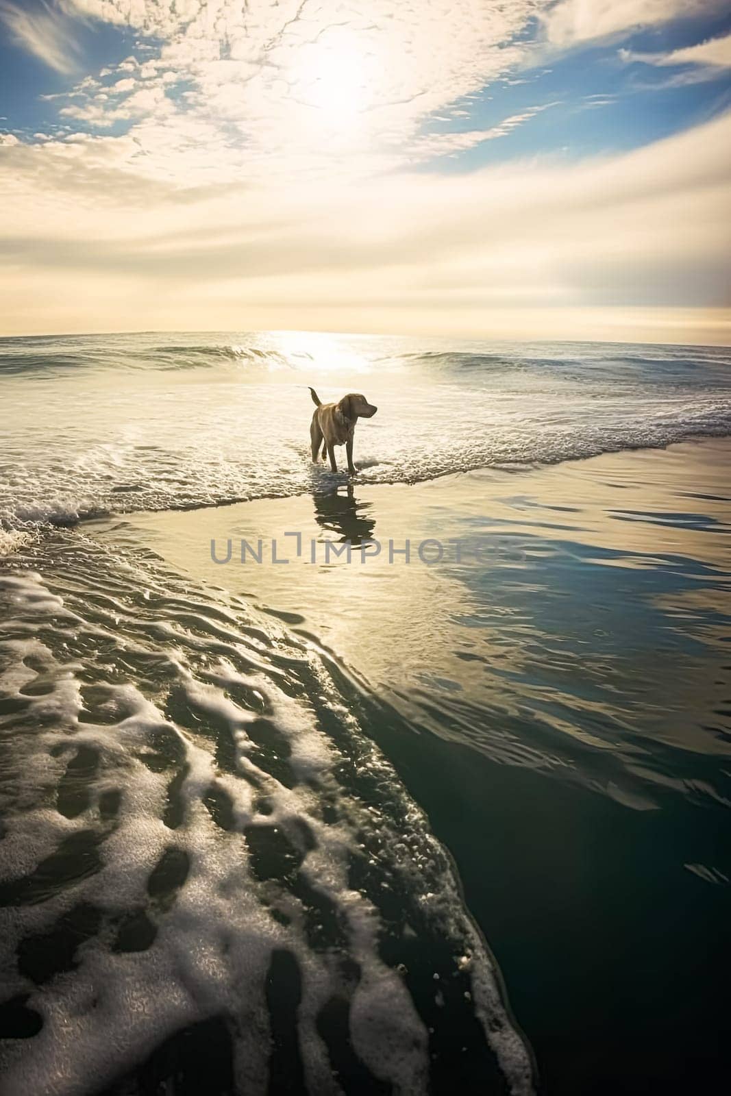 A dog is sitting on a surfboard with a blue collar. The dog is looking at the camera
