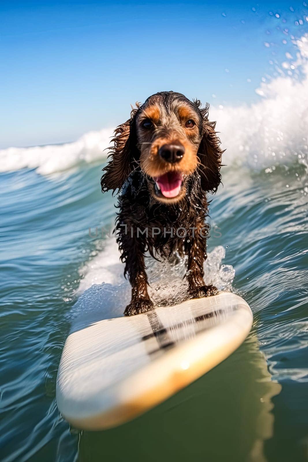 A dog is surfing on a surfboard in the ocean. by Alla_Morozova93