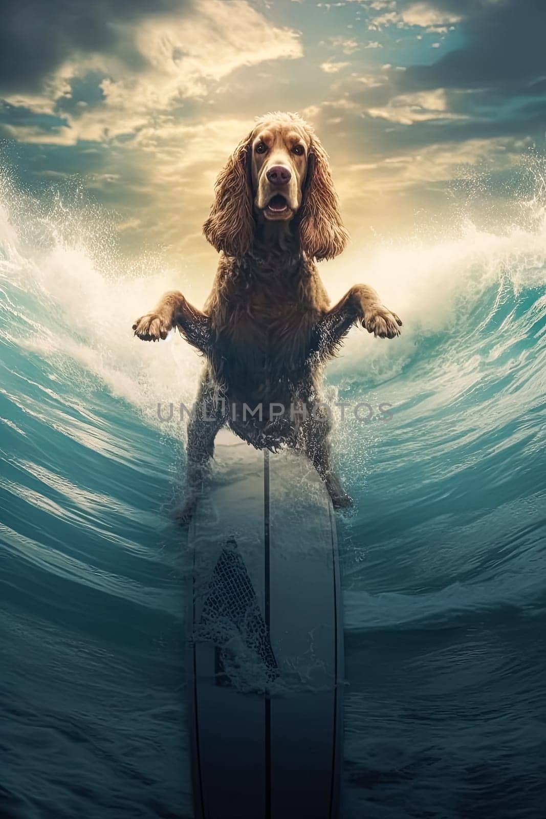 A dog is surfing on a surfboard in the ocean. by Alla_Morozova93
