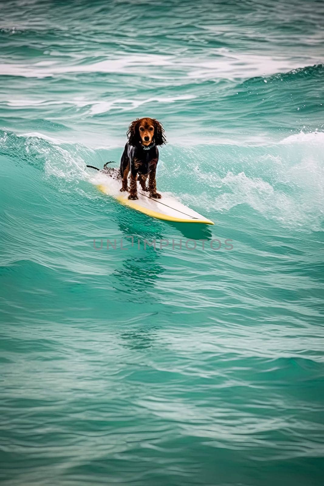 A dog is surfing on a surfboard in the ocean. The dog is wearing a pink shirt and he is enjoying the ride