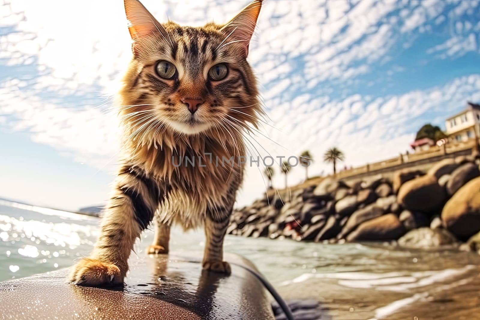 A cat with long fur is sitting on a ledge near the water. The cat appears to be staring off into the distance, possibly watching the waves or just enjoying the view. The scene has a calm