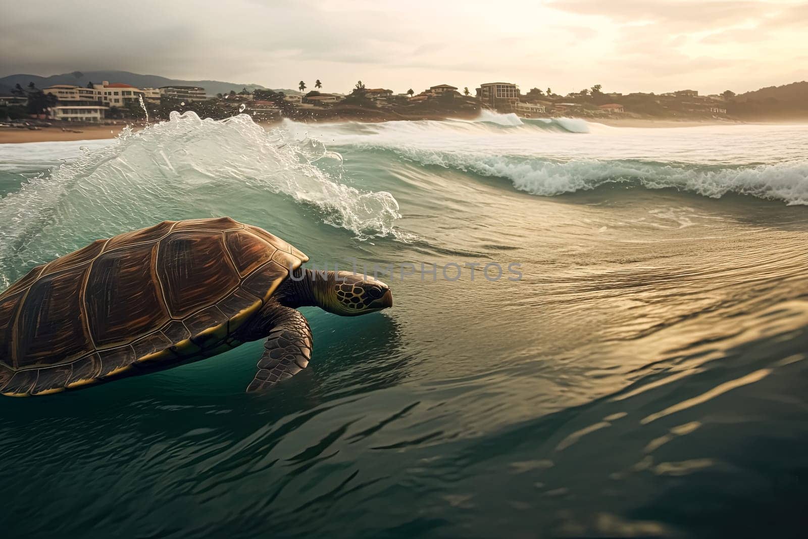 A turtle is swimming in the ocean. The water is green and the turtle is looking up at the camera