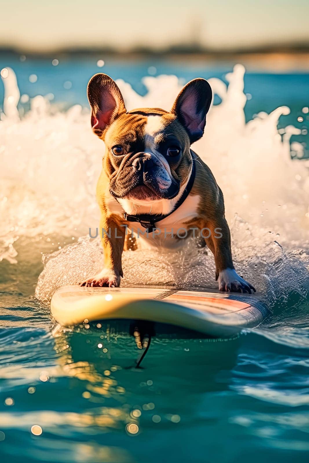 A dog is surfing on a surfboard in the ocean. The dog is wearing a harness and he is enjoying the ride. The image has a playful and fun mood, as it shows a dog engaging in a human activity