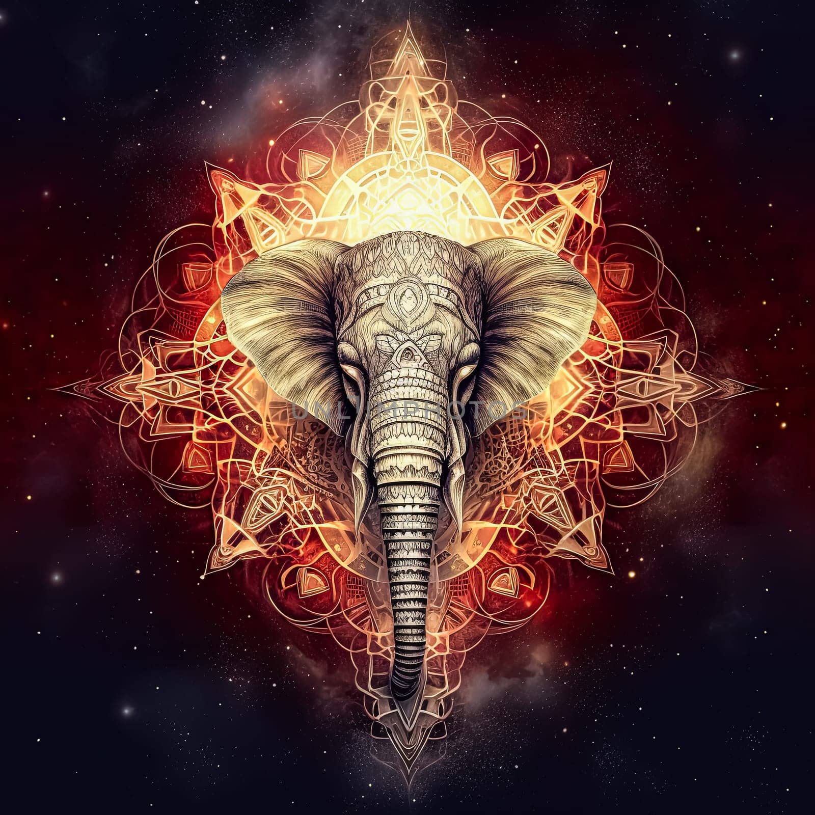 A large elephant with a red background and a star in the center. The elephant is surrounded by a lot of swirls and patterns