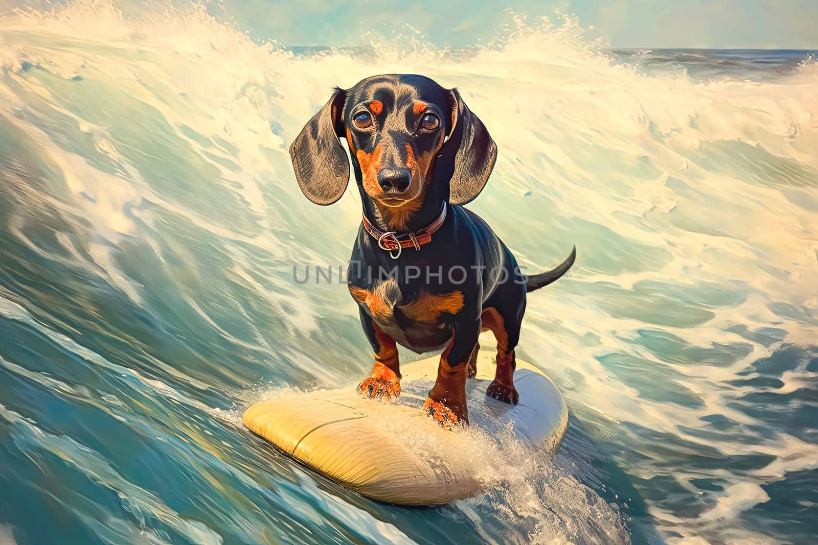 A small dog is standing on a surfboard in the ocean. by Alla_Morozova93