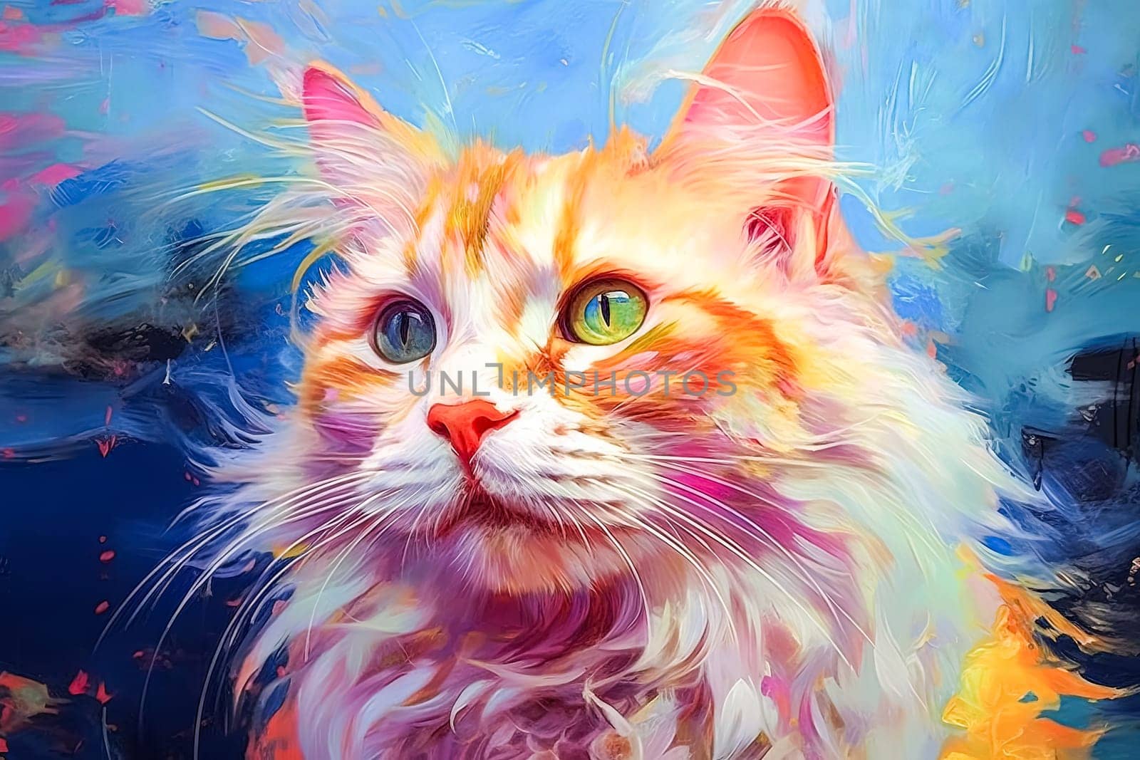 A cat with a green eye is painted in a colorful and vibrant style. The cat's fur is long and fluffy, and it is looking at the camera with a curious expression. Scene is playful and whimsical