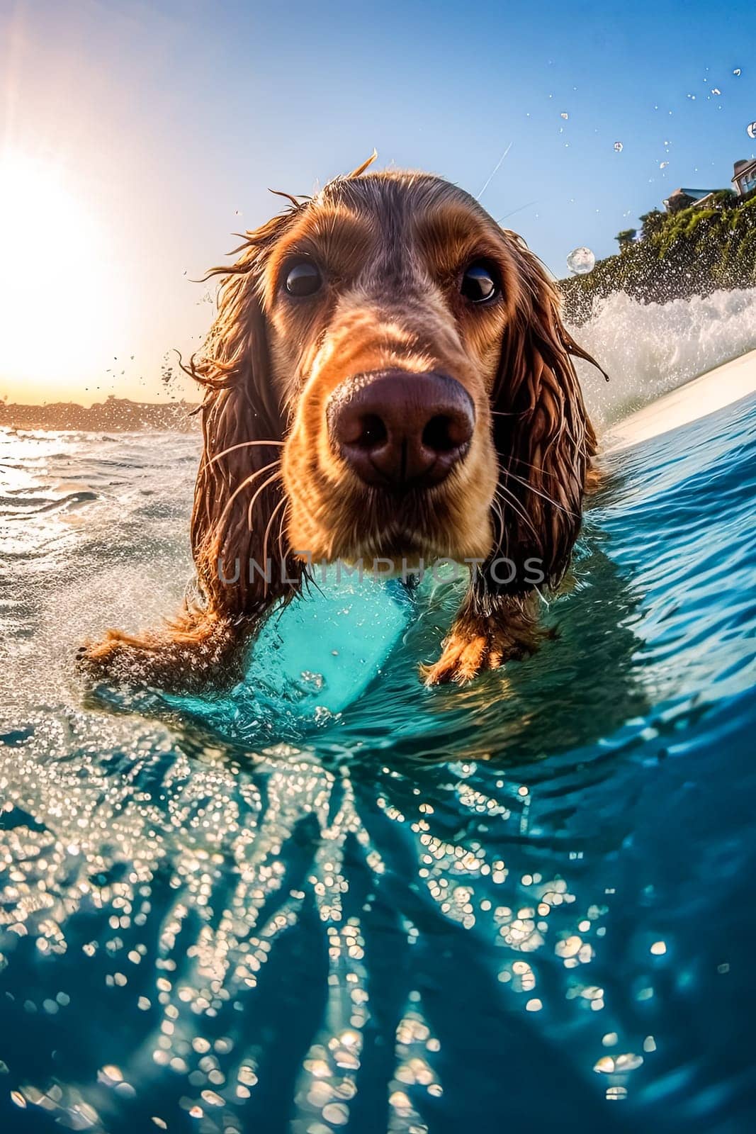 A dog is surfing on a surfboard in the ocean. The dog is wearing a pink shirt and he is enjoying the ride