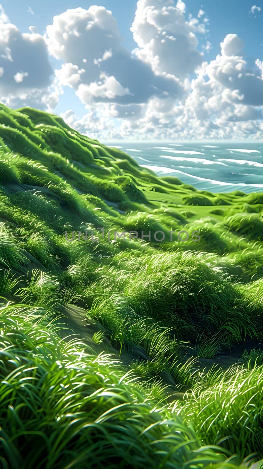 A stunning natural landscape of a lush green hillside with terrestrial plants and grass, overlooking the ocean under a clear sky with fluffy clouds in the background