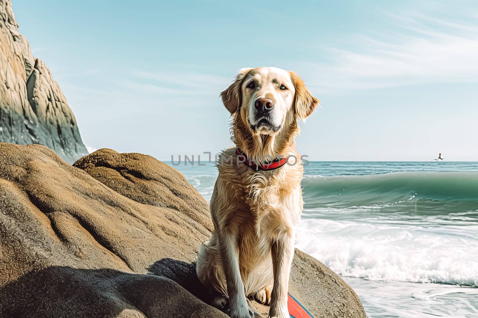 A dog is sitting on a surfboard in the ocean. The dog is happy and enjoying the water