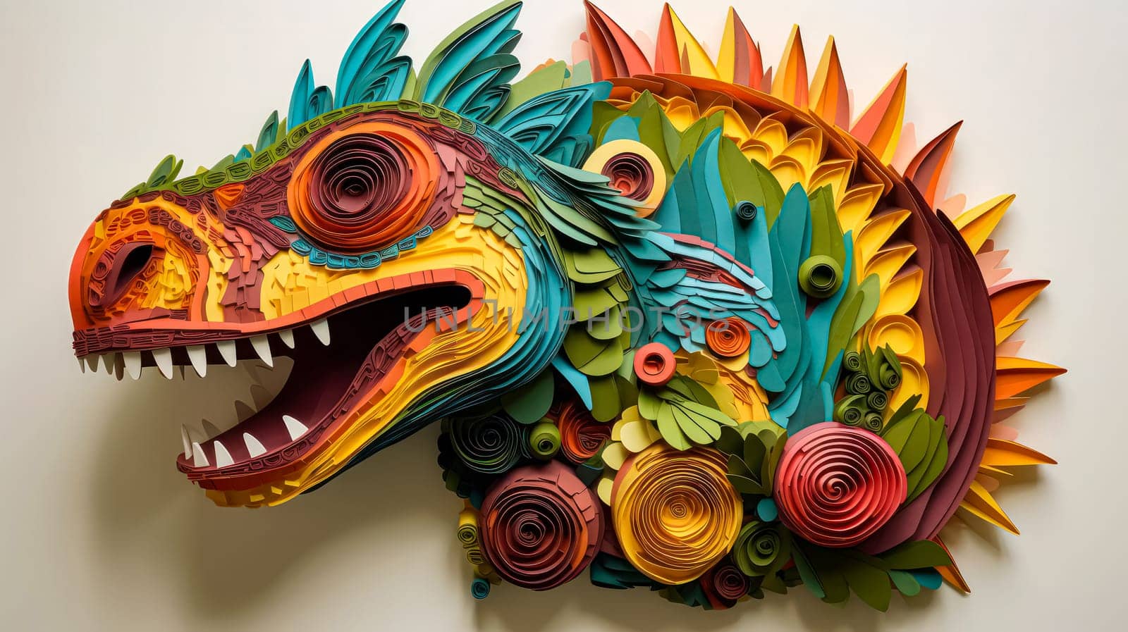 A paper dragon with a mouth open and a blue eye. The dragon is surrounded by colorful flowers and leaves