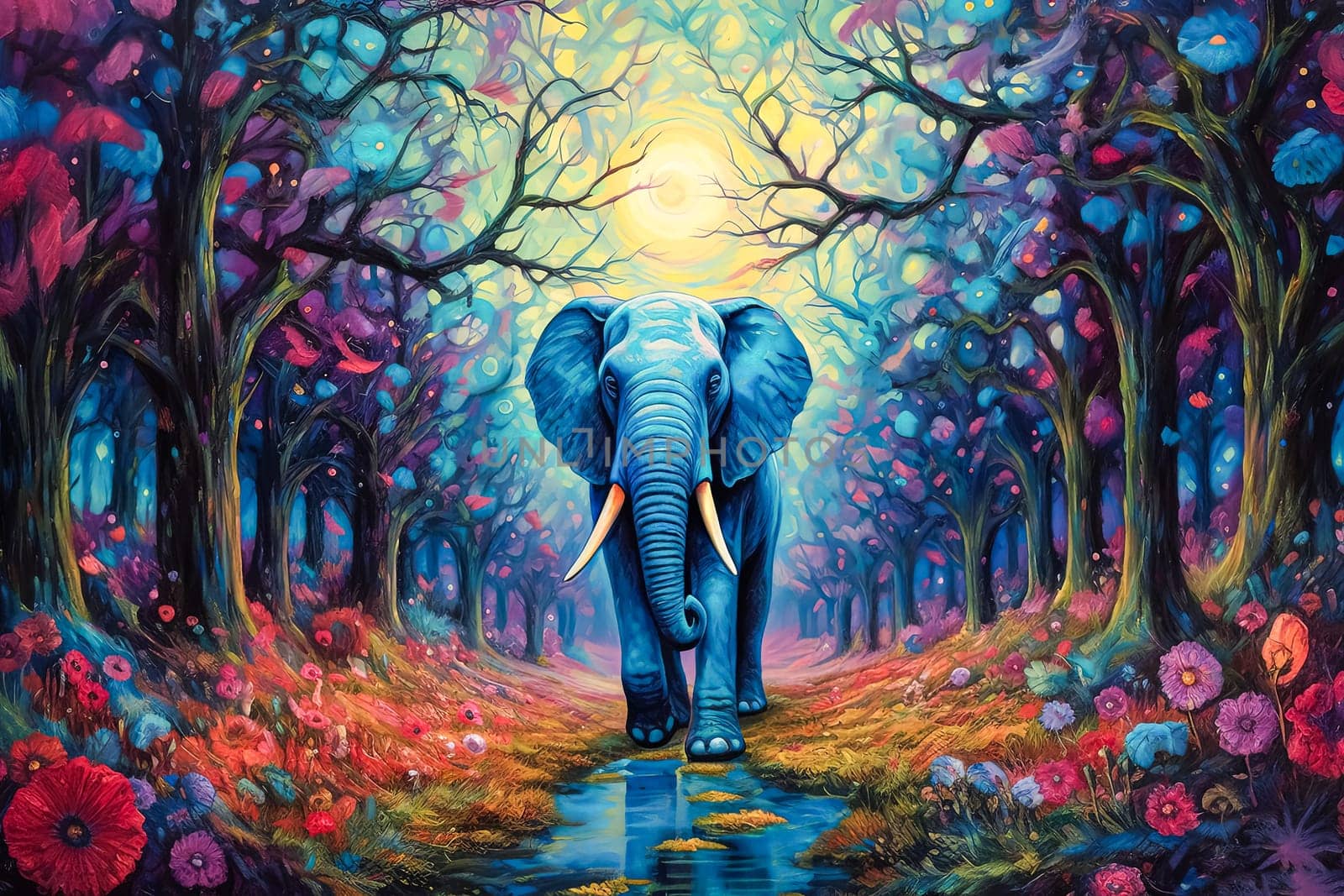 A colorful elephant is standing in a forest. The painting is vibrant and full of life, with the elephant being the main focus. The colors of the elephant