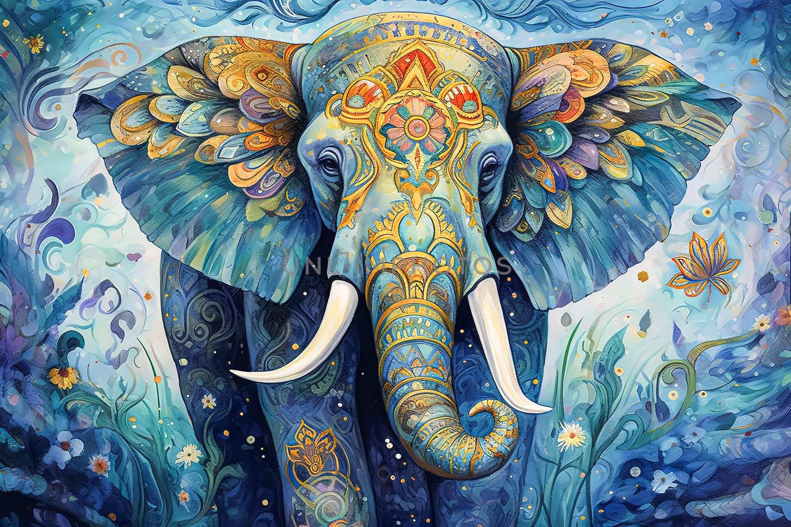 A colorful elephant is standing in a forest. The painting is vibrant and full of life, with the elephant being the main focus. The colors of the elephant