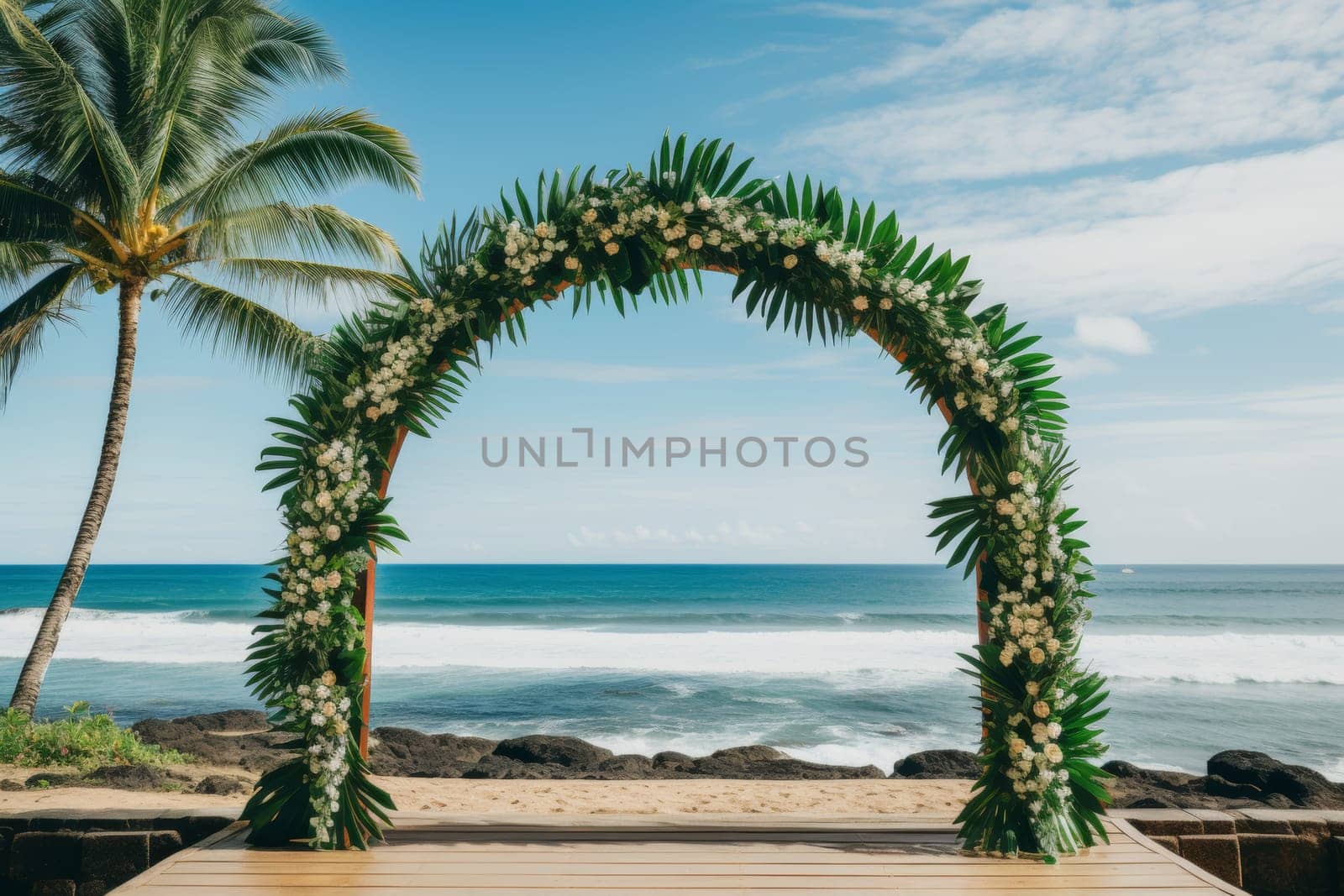 Lush green tropical jungle wedding arch decoration for a unique and exotic ceremony