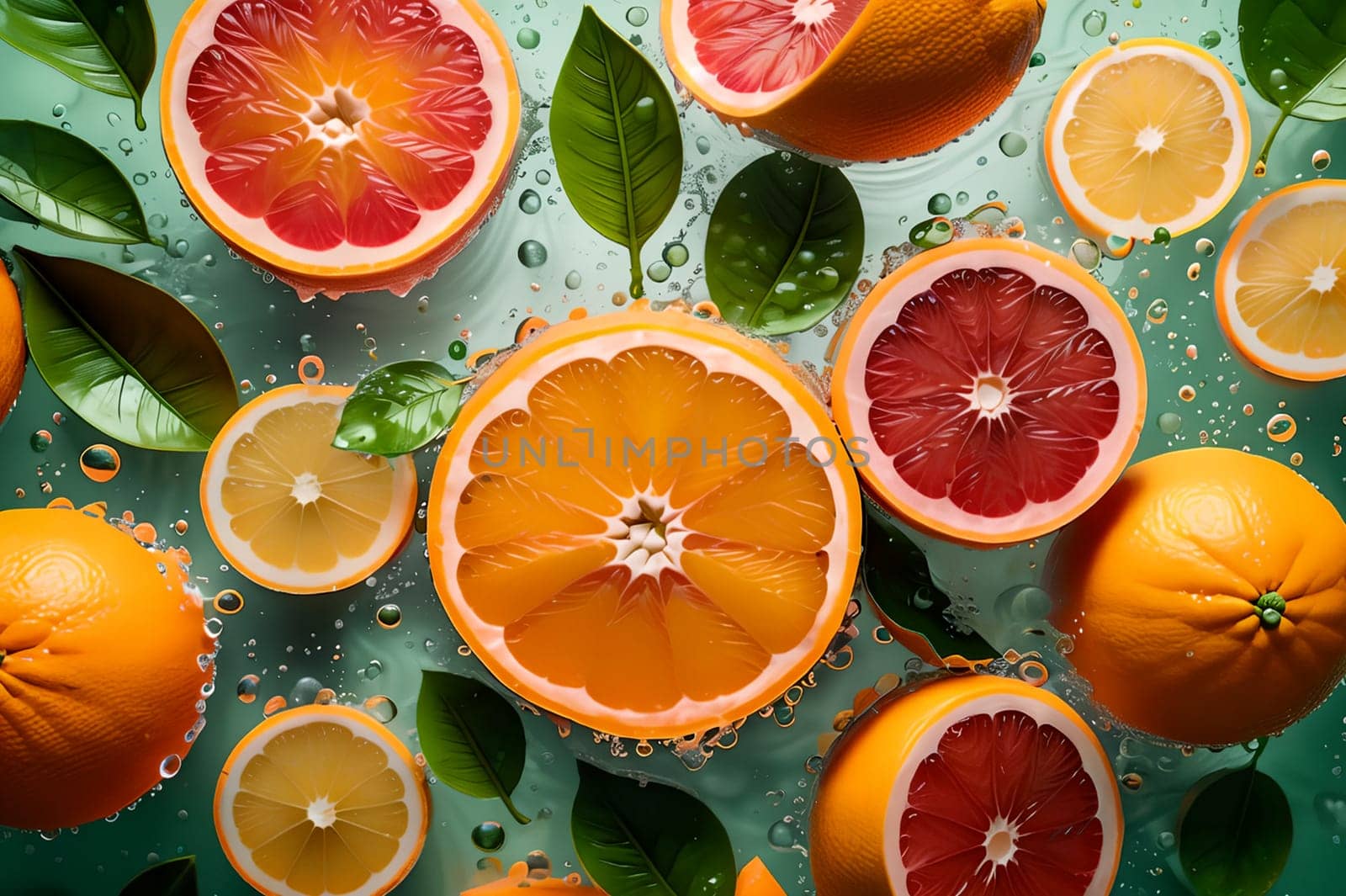 Orange and grapefruit rings as background .AI generated image.