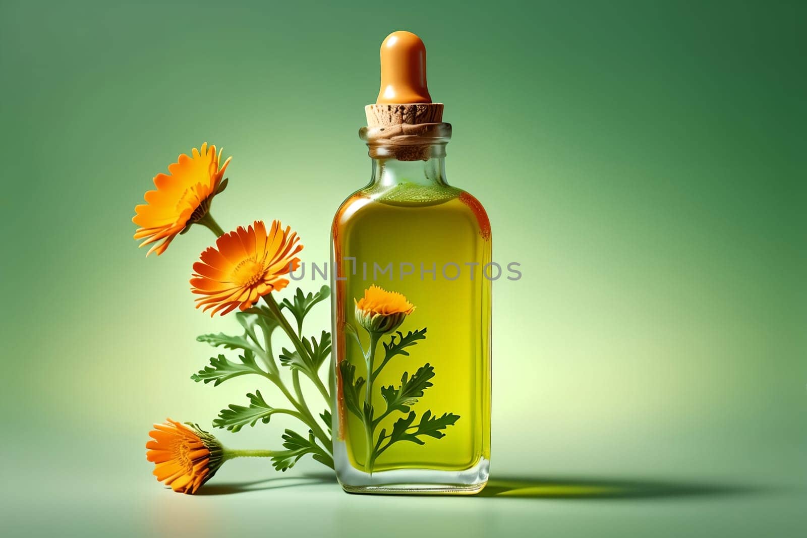 Calendula tincture in a glass bottle isolated on a green background