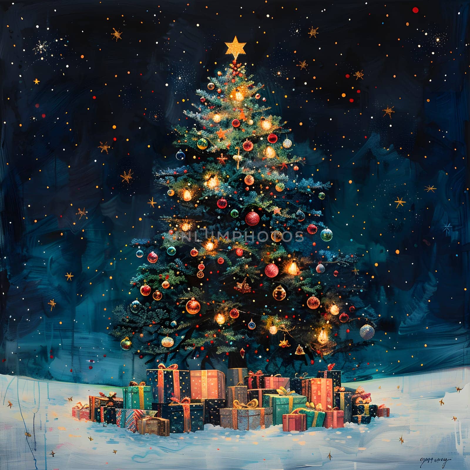 a painting of a christmas tree with gifts underneath it by Nadtochiy
