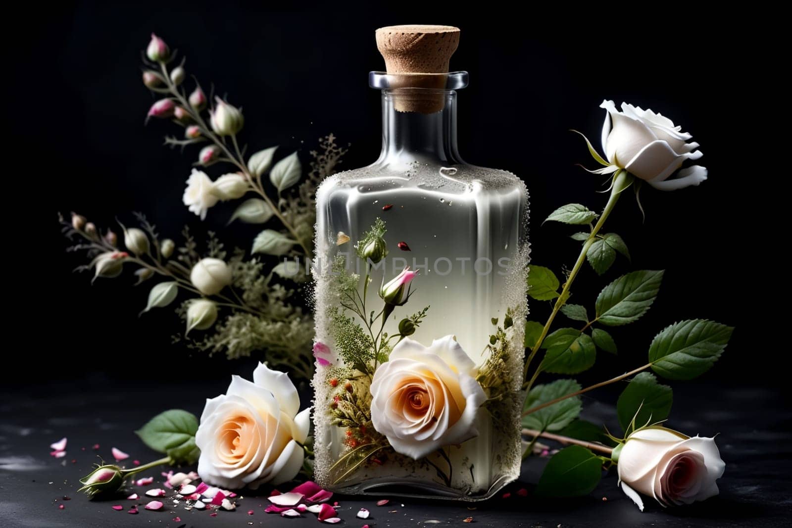 tincture of herbs and flowers in a bottle isolated on a black background