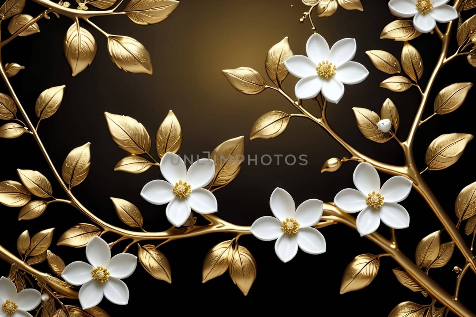 beautiful abstract background with white flowers in gold.