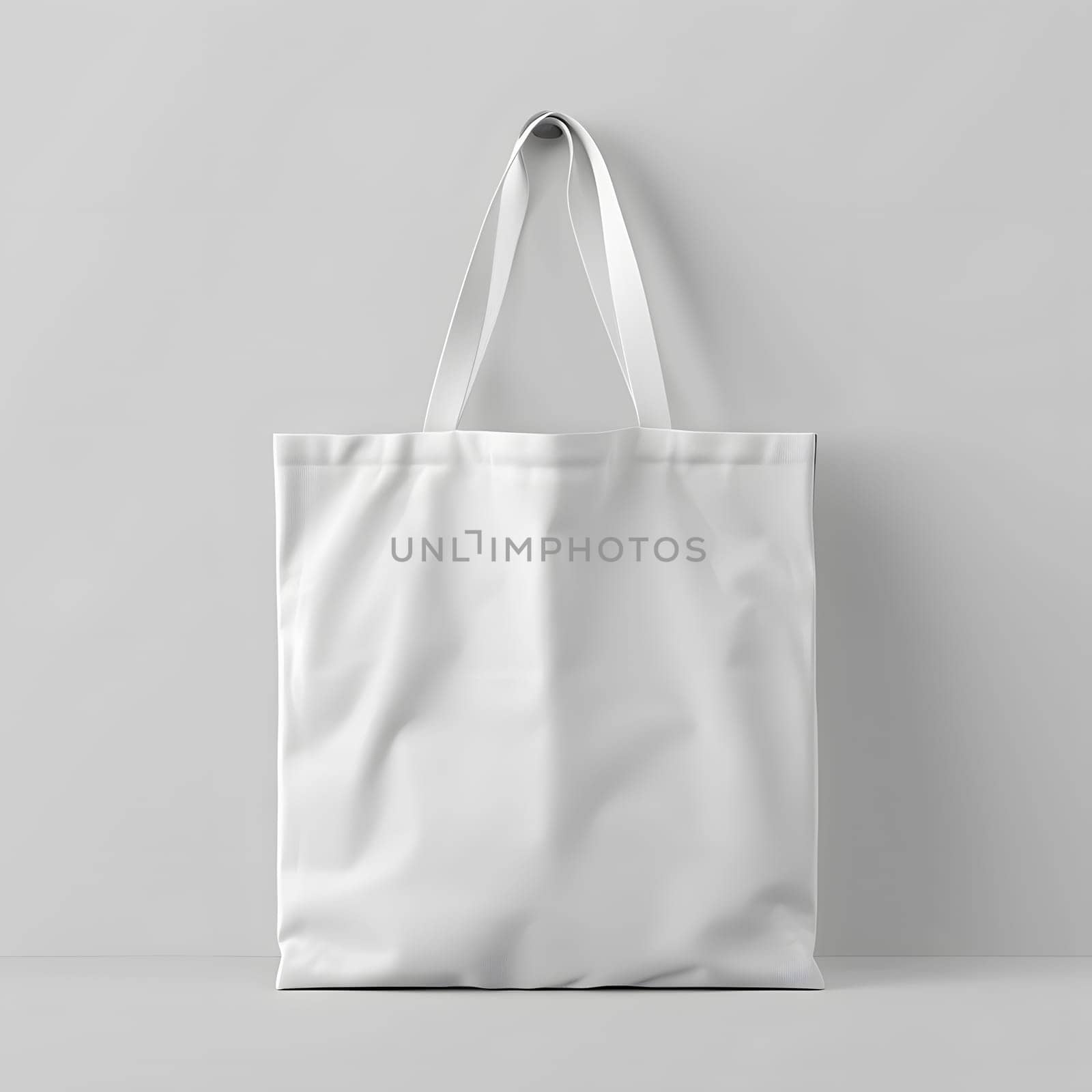 White tote bag on white wall, sleek and stylish fashion accessory by Nadtochiy