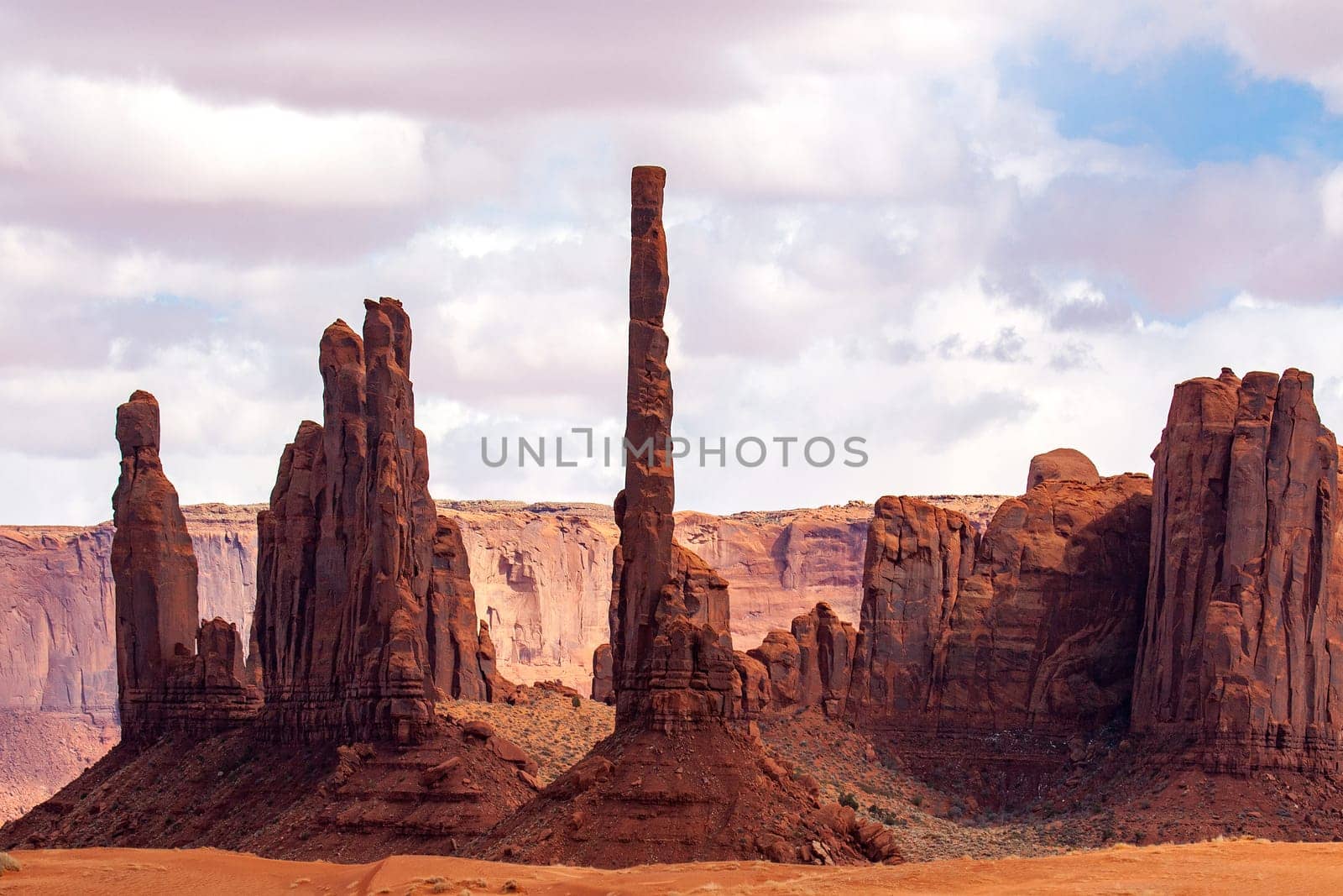 The Totem Poles  stand out at Monument Valley, Arizona