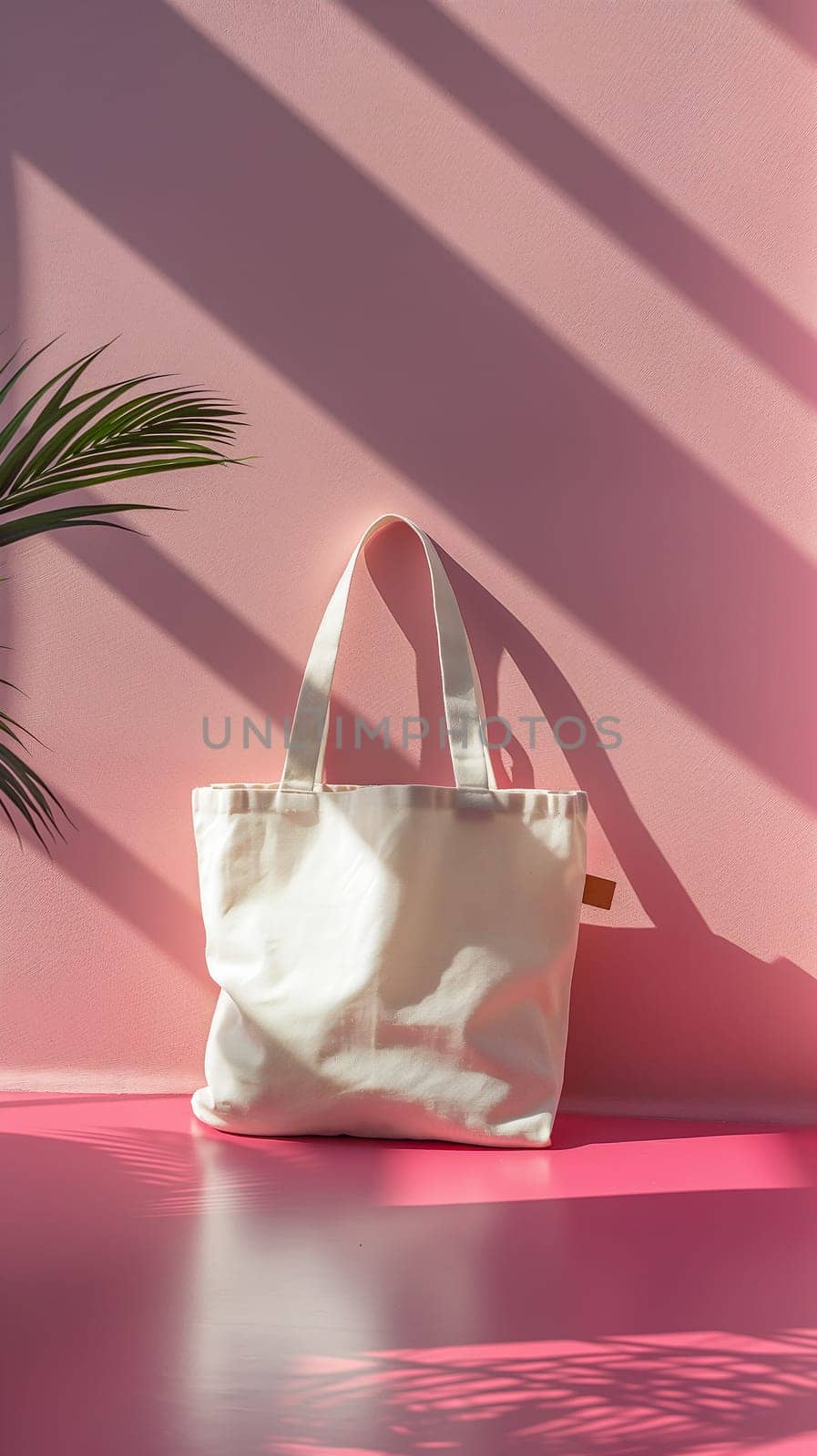 A vertical image of a white canvas tote bag casting a shadow against a vibrant pink wall, with a touch of green foliage