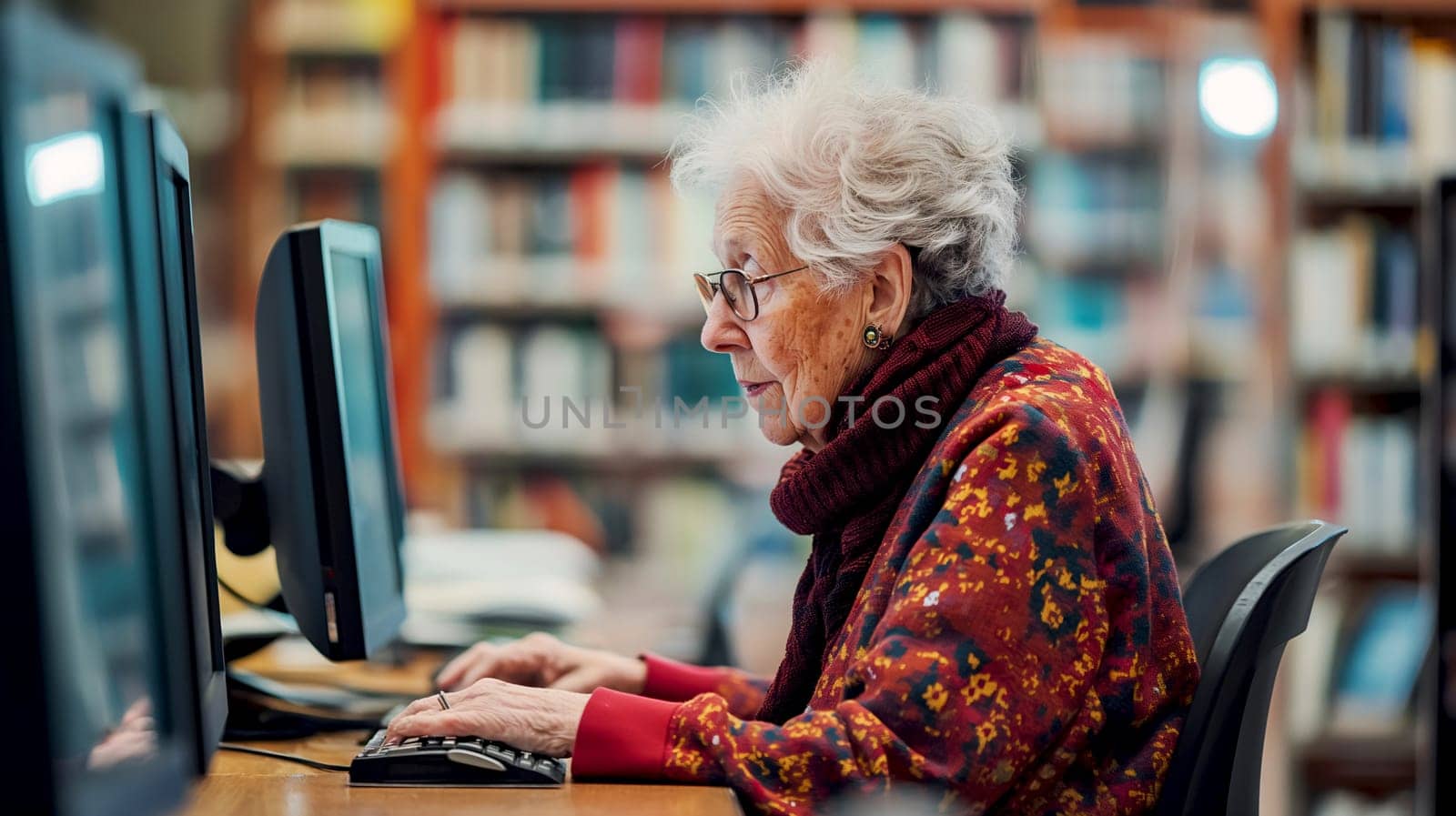 An elderly lady with white hair is intently using a desktop computer in a public library, showcasing adaptability and lifelong learning - Generative AI