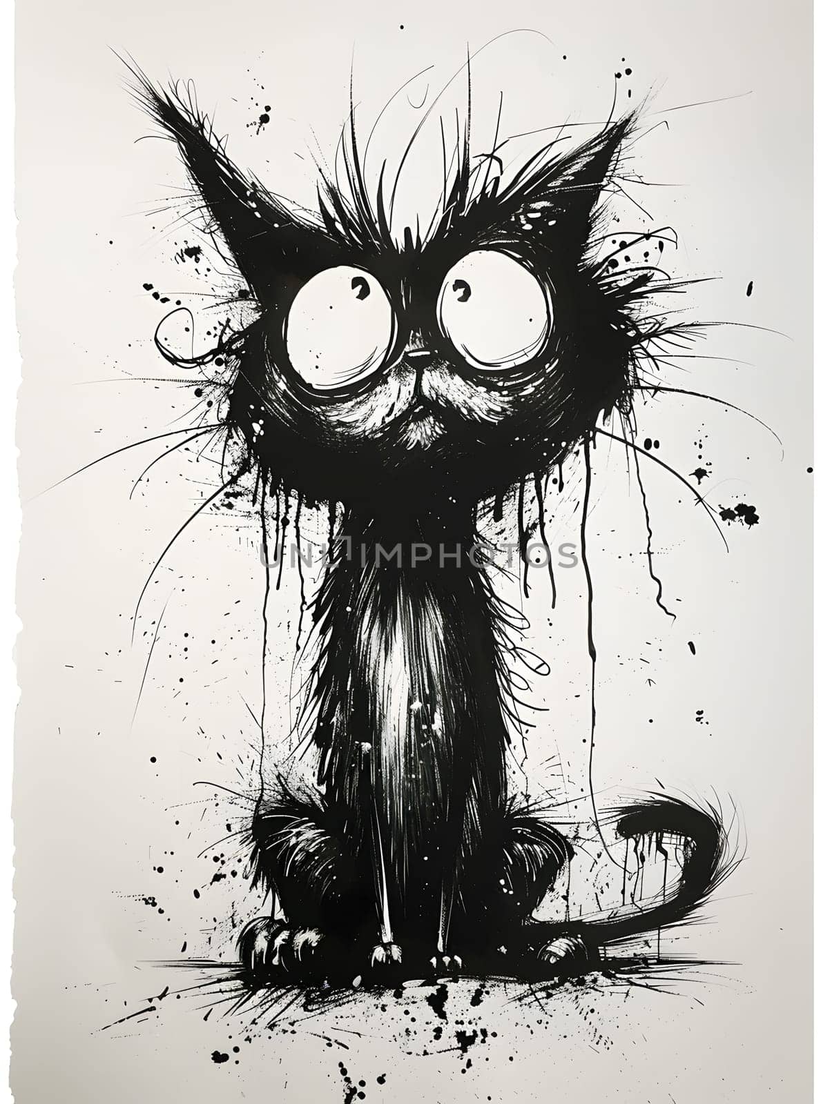 A monochrome illustration of a Felidae cat with big eyes and whiskers. This small to mediumsized cat is depicted in a black and white drawing, showcasing the art of visual arts and painting