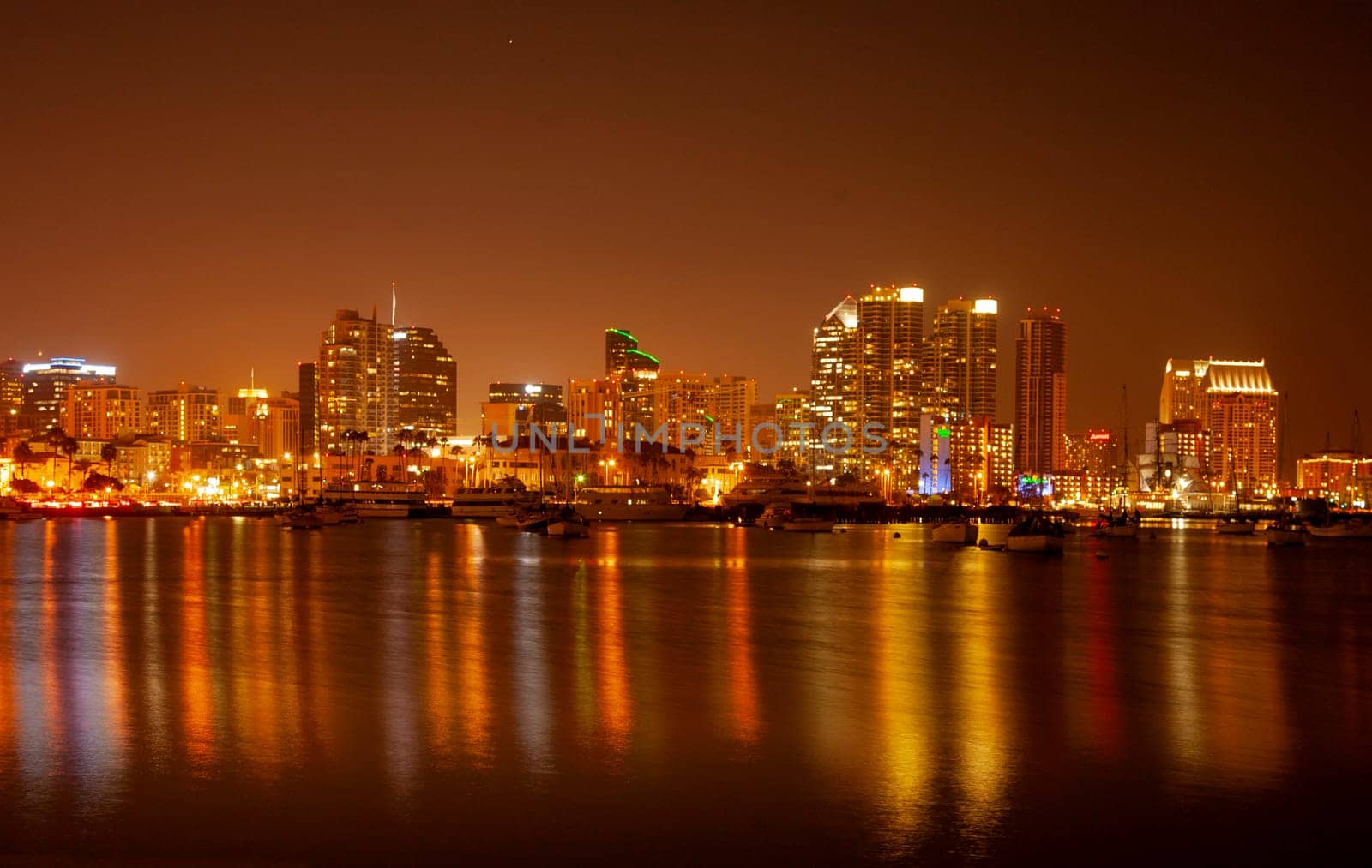 Lights from Hi Rises in San Diego Reflect upon San Diego Bay, California