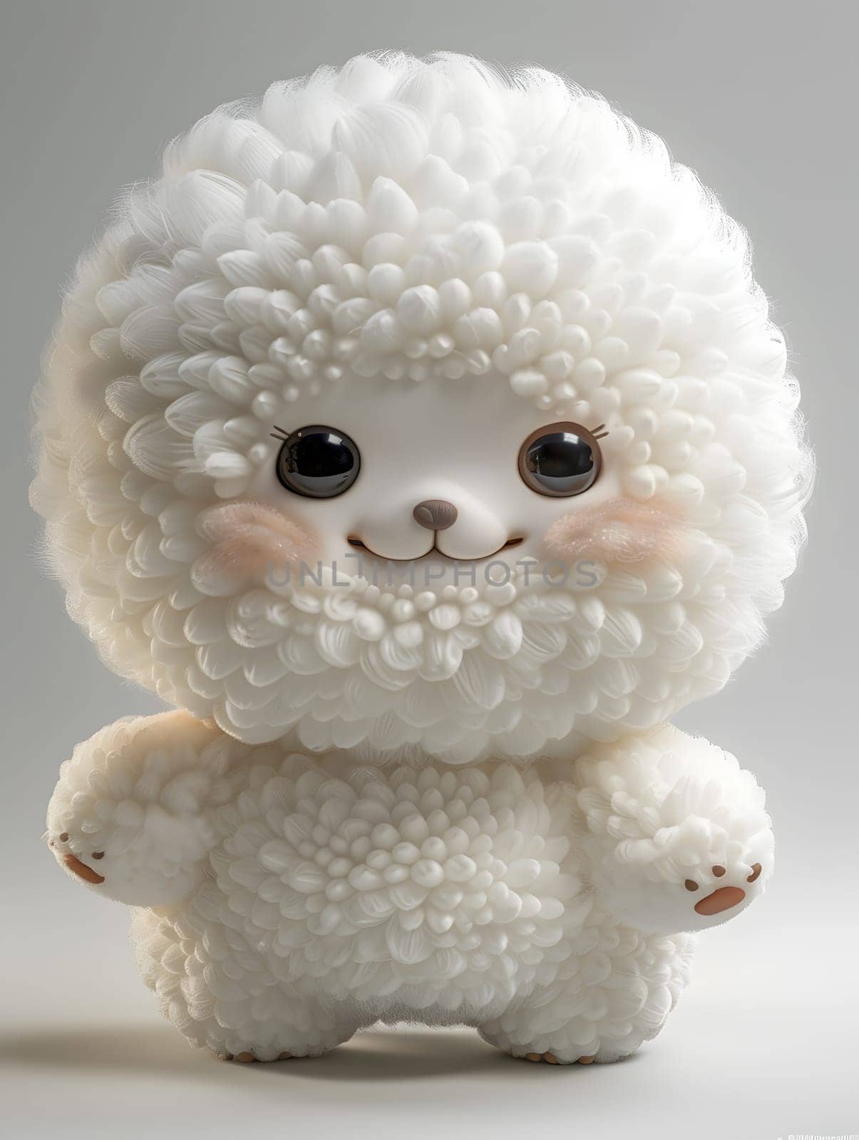 A fluffy stuffed toy dog with a big head sits on a white surface by Nadtochiy