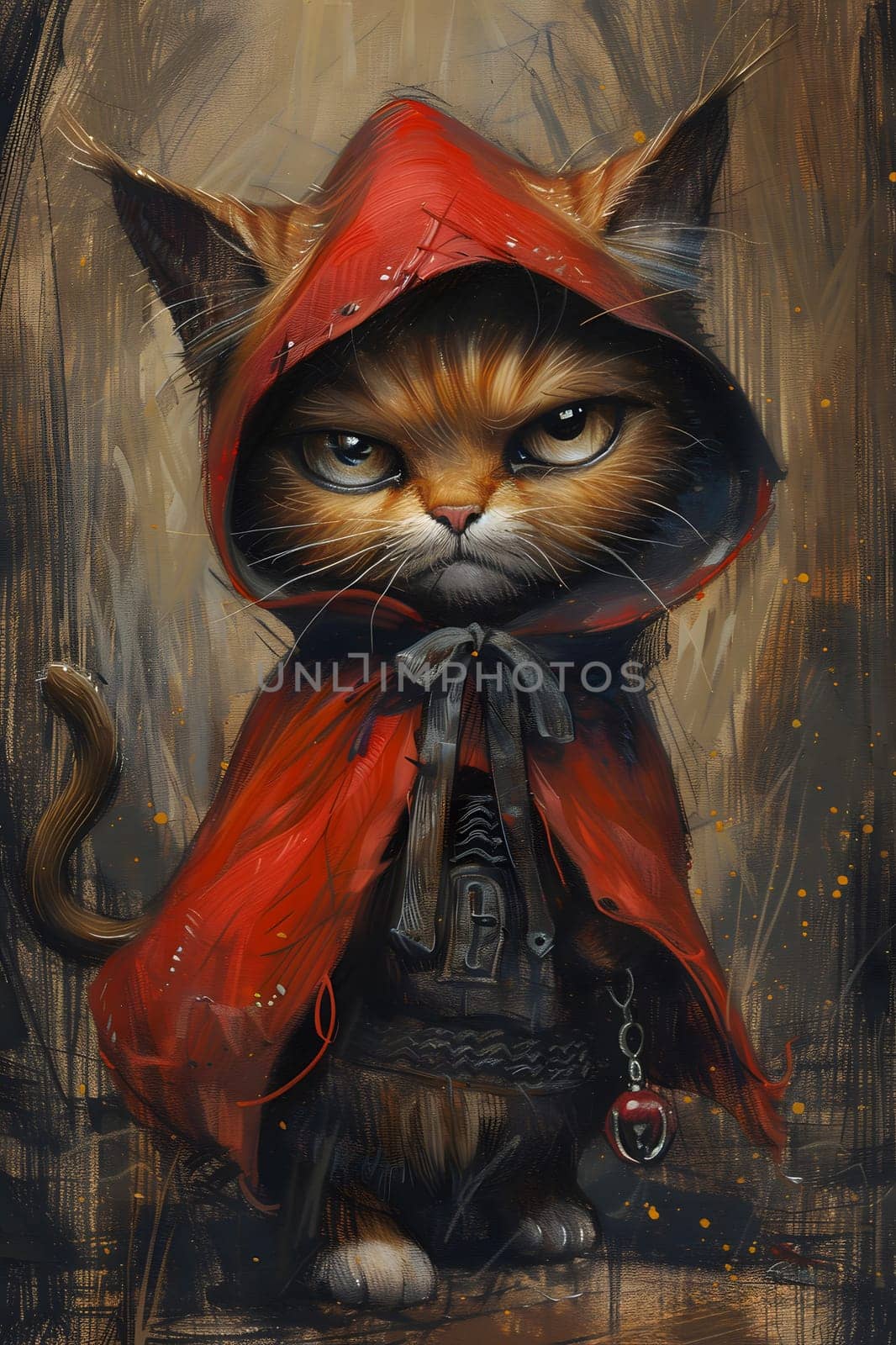A painting depicting a small to mediumsized Felidae wearing a red cape, with whiskers and a snout painted in detail. This art piece showcases the Carnivore cat in a unique and whimsical way