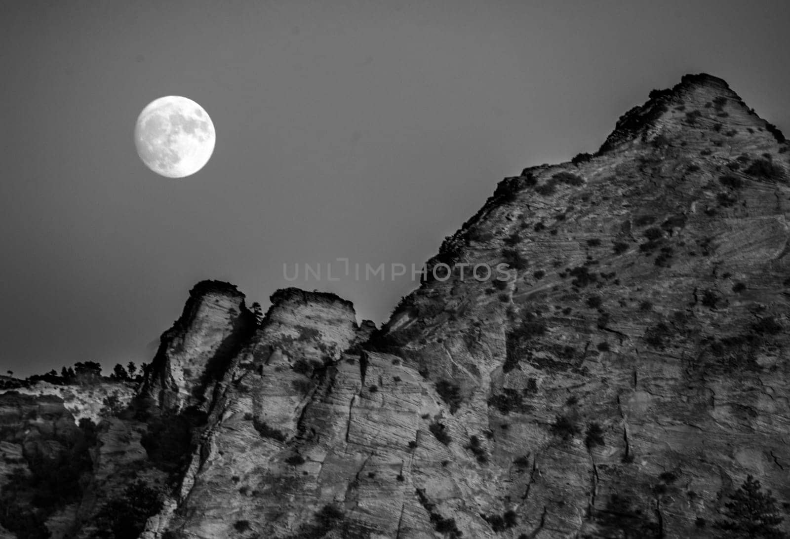 A full moon rises over the Kolob Terrace area of Zion National Park, Utah