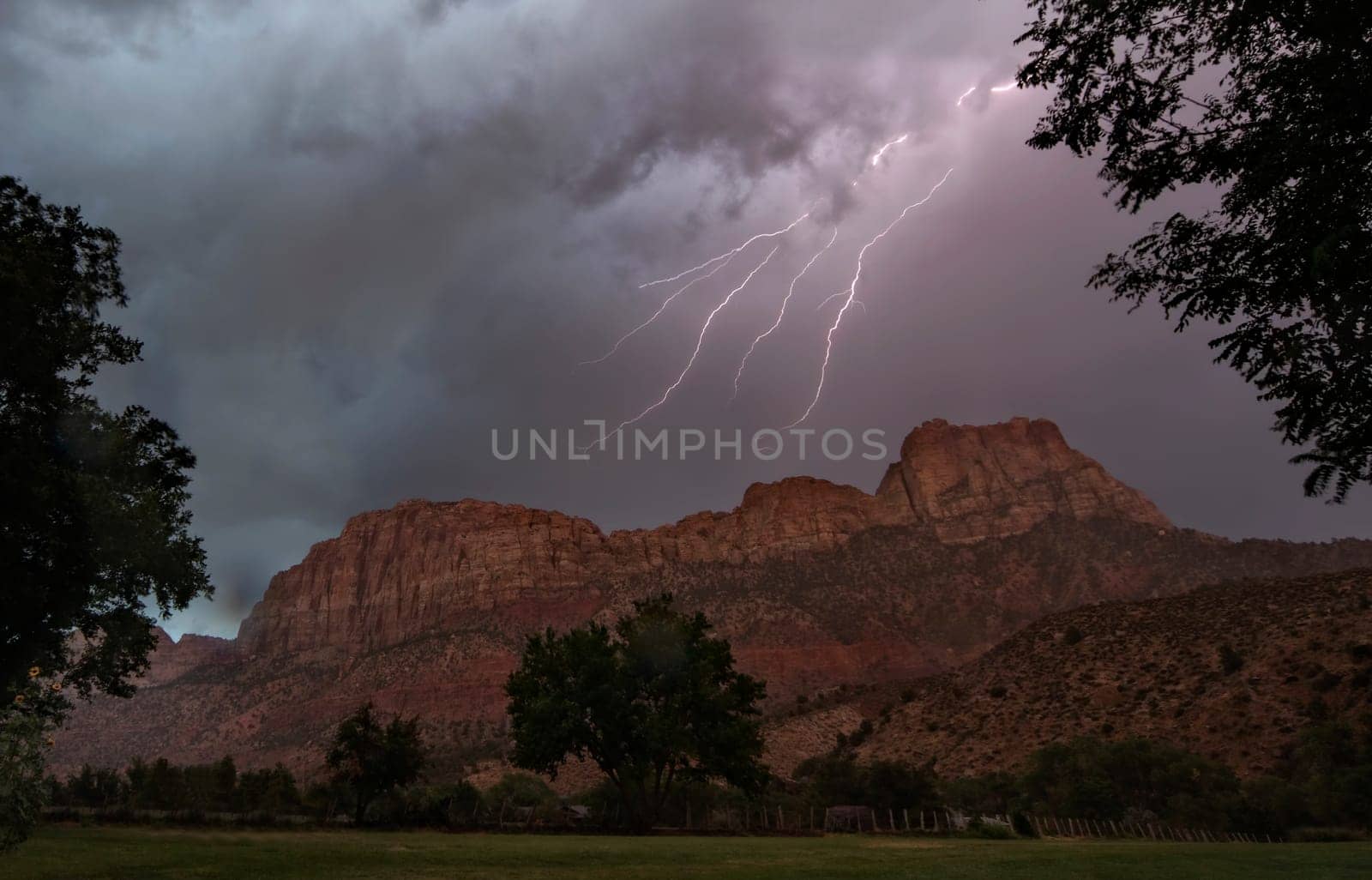 Lightning strikes The Watchman at Zion National park, Utah