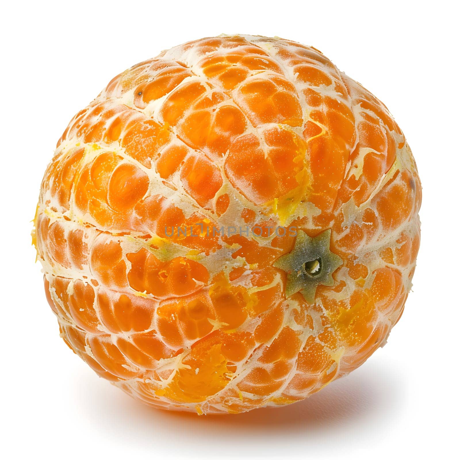 A closeup of a peeled clementine orange, a seedless citrus fruit, on a white background. This natural superfood is packed with vitamins and nutrients