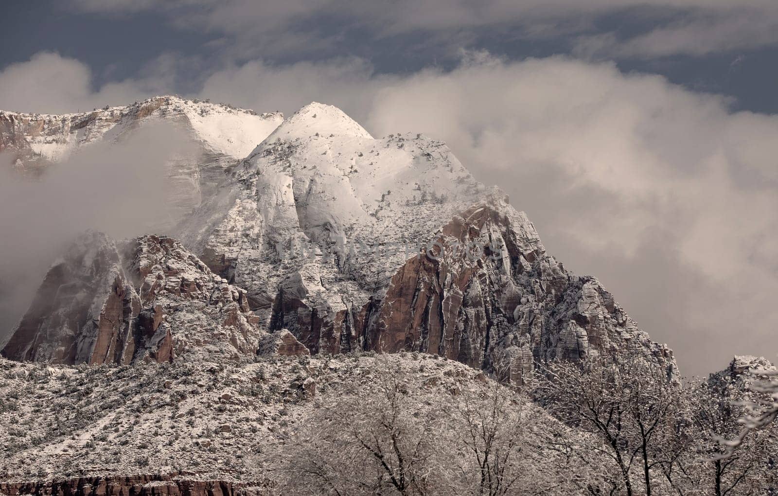 Fresh snow has fallen in Zion Canyon at at Zion National Park, Utah