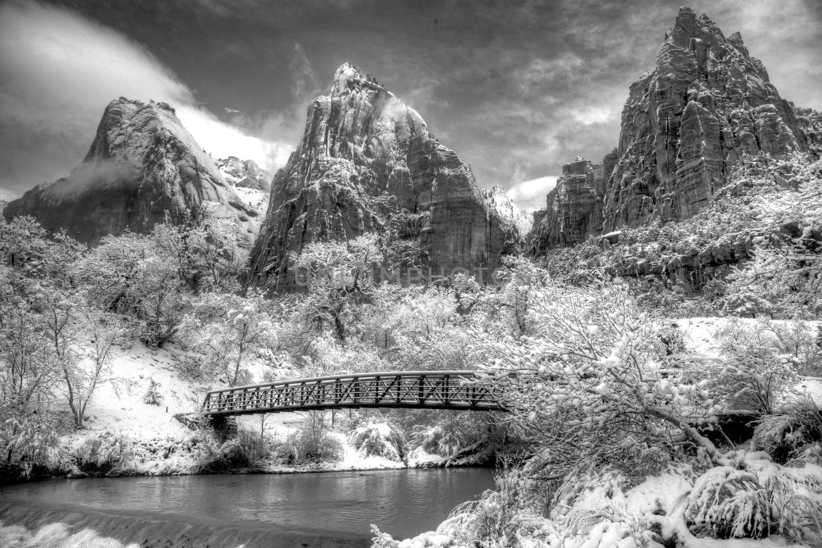 Fresh snow has fallen at the Court Of The Patriarchs  in Zion Canyon at at Zion National Park, Utah