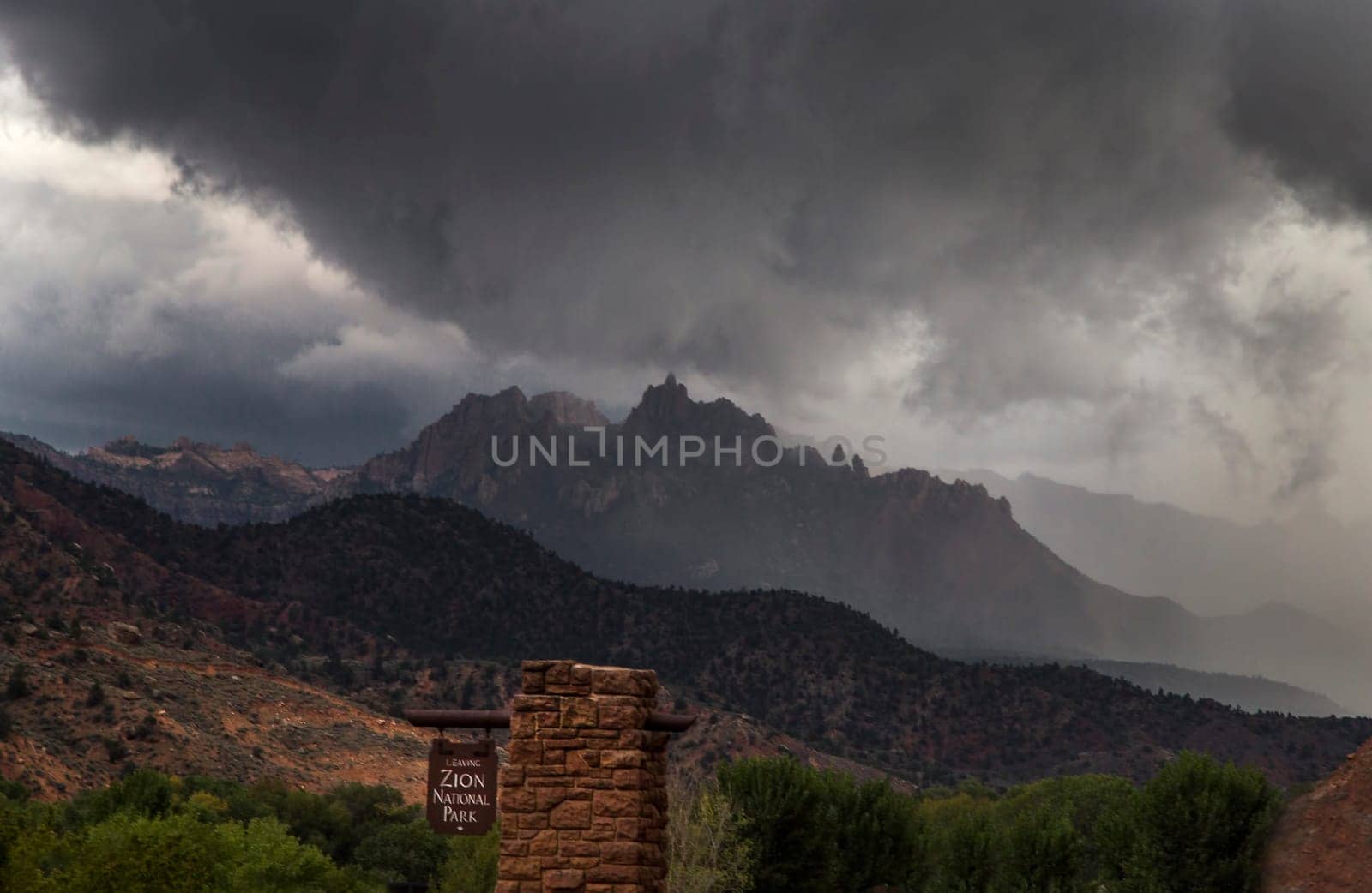 A storm approaches Zion National Park through Eagle Crags in Southern Utah