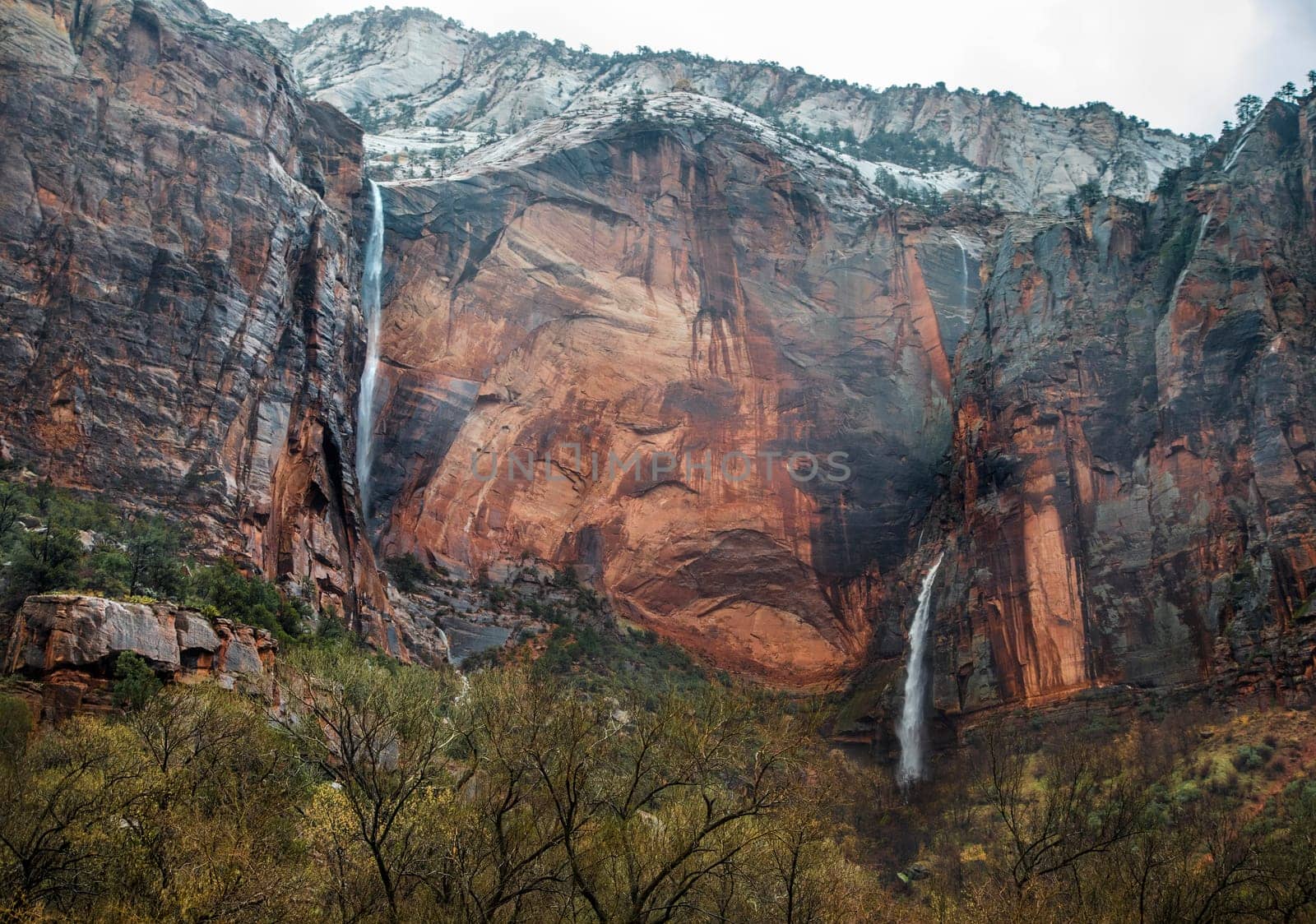 A heavy rainstorm produces ephemeral waterfalls at Zion National Park,Utah