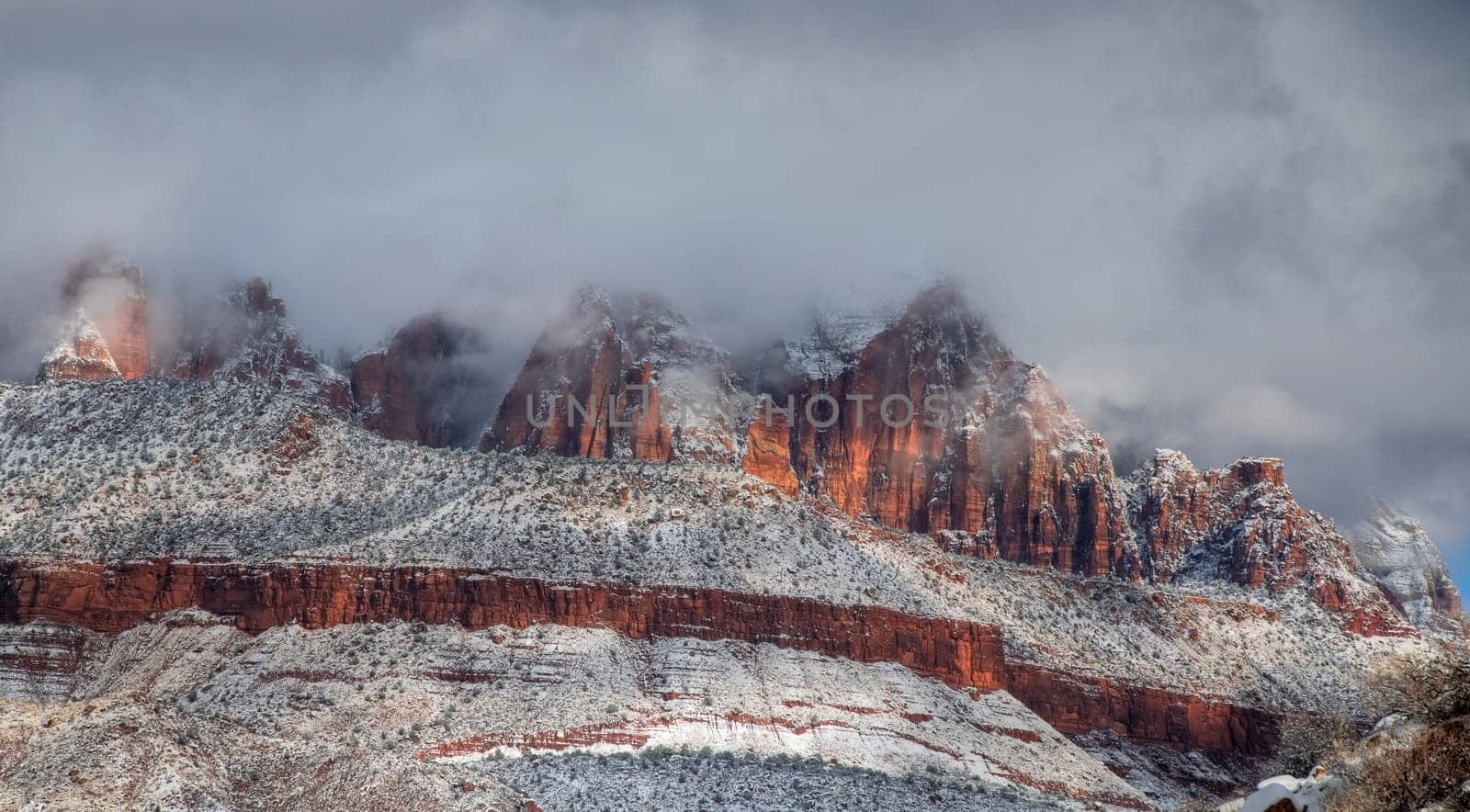 Fresh snow has fallen at Zion National Park, Utah